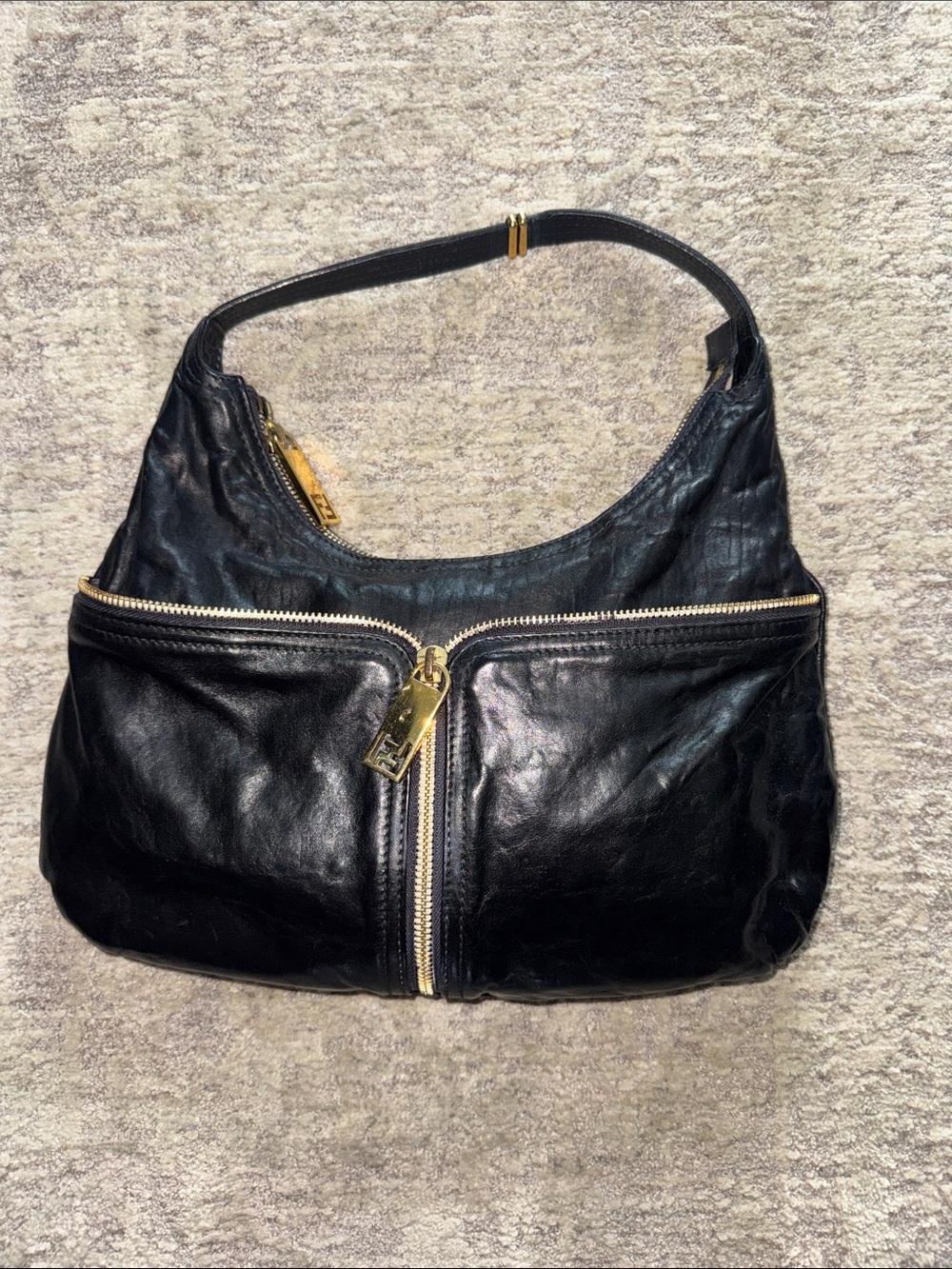 Designer FENDI Black Leather Shoulder Bag with Gold Zipper Accents